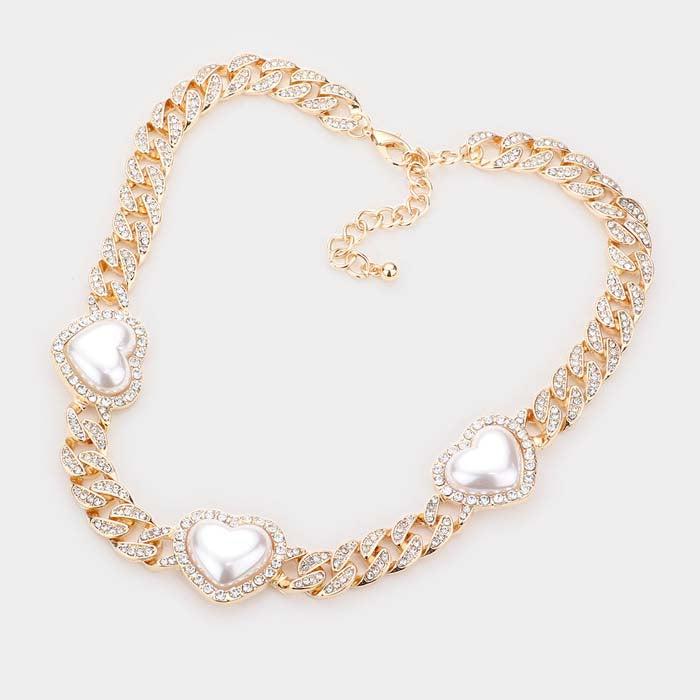 Triple Pearl Heart Rhinestone Metal Chain Necklace Set