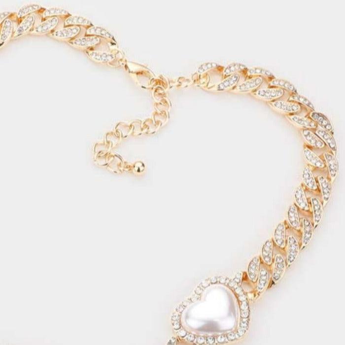 Triple Pearl Heart Rhinestone Metal Chain Necklace Set