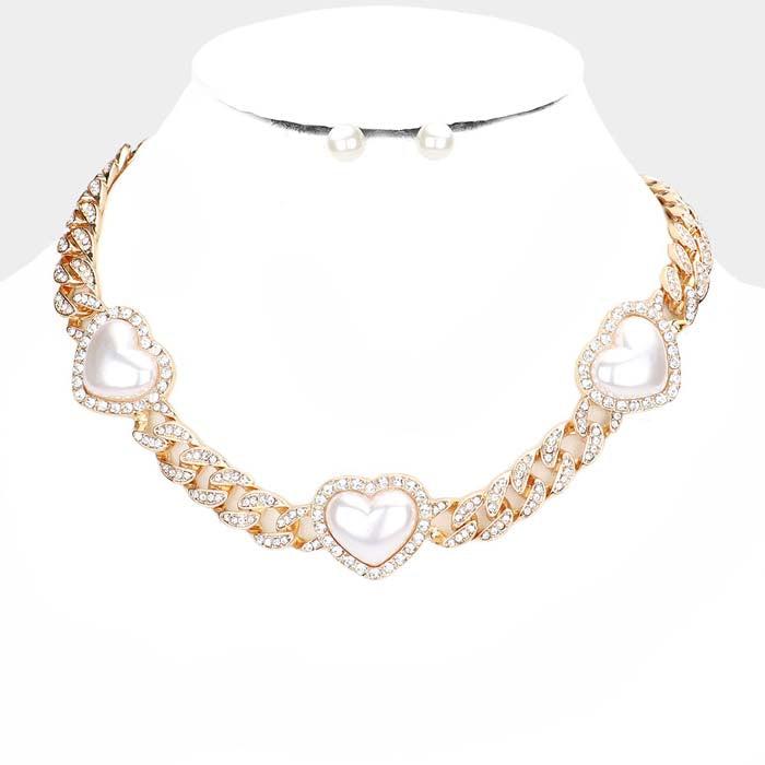 Triple Pearl Heart Rhinestone Metal Chain Necklace Set