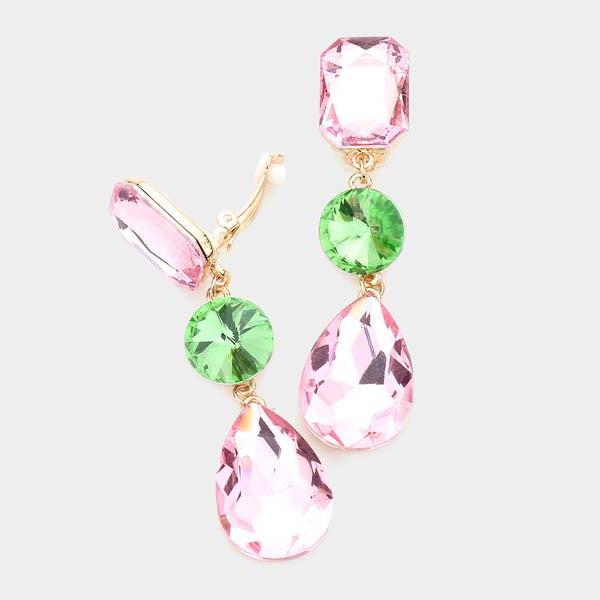 Triple Pink and Green Crystal Clip On Earrings