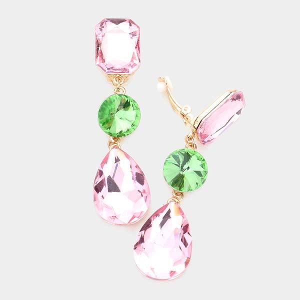 Triple Pink and Green Crystal Clip On Earrings