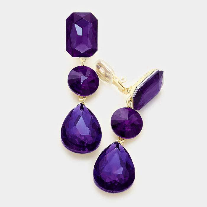Triple Purple Crystal Gold Clip On Earrings