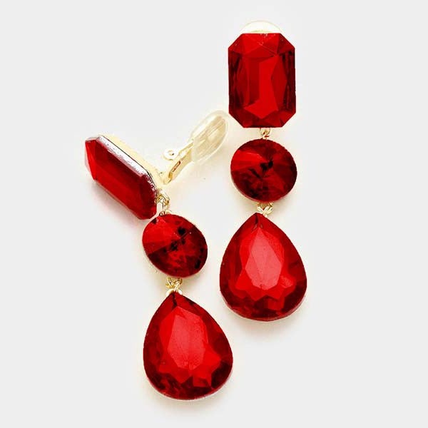 Triple Red Crystal Clip On Earrings