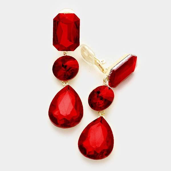 Triple Red Crystal Clip On Earrings