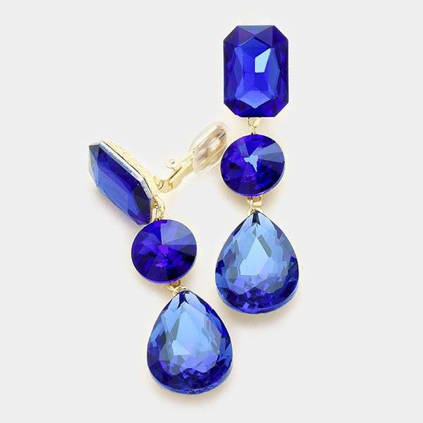 Triple Sapphire Blue Crystal Clip On Earrings