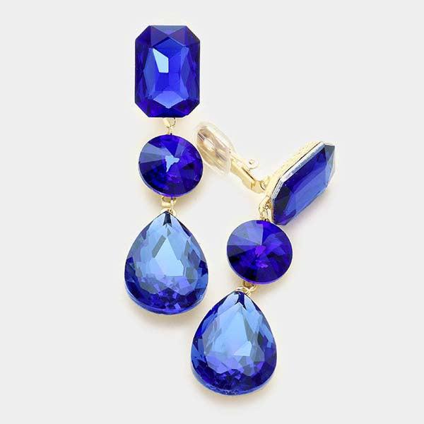 Triple Sapphire Blue Crystal Clip On Earrings