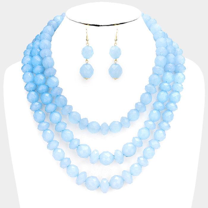 Triple Strand Blue Lucite Beaded Necklace Set by V Foxy Collection