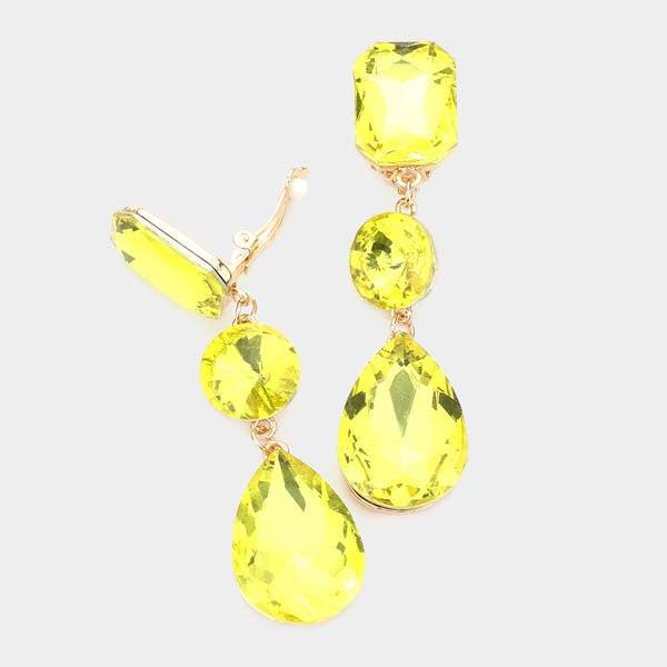 Triple Yellow Crystal Clip On Earrings