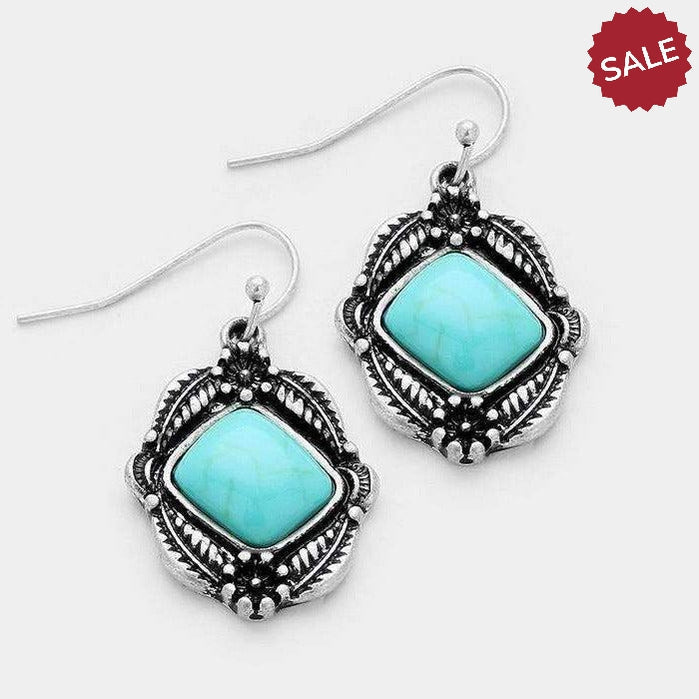 Turquoise Antique Silver Burnished Earrings-Earring-SPARKLE ARMAND