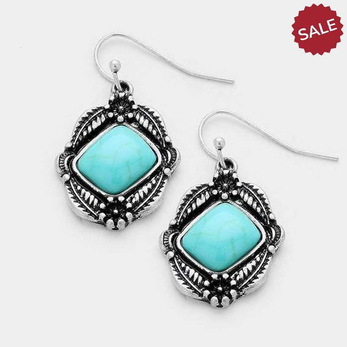 Turquoise Antique Silver Burnished Earrings-Earring-SPARKLE ARMAND
