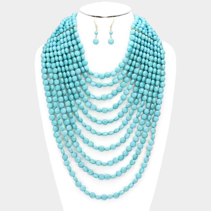 Turquoise Blue Multi Strand Faceted Beaded Necklace Set