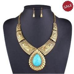 Turquoise Blue Stone Antique Gold Ornate Necklace & Earring Set-Necklace-SPARKLE ARMAND