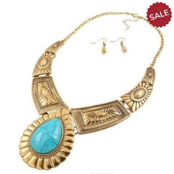 Turquoise Blue Stone Antique Gold Ornate Necklace & Earring Set-Necklace-SPARKLE ARMAND