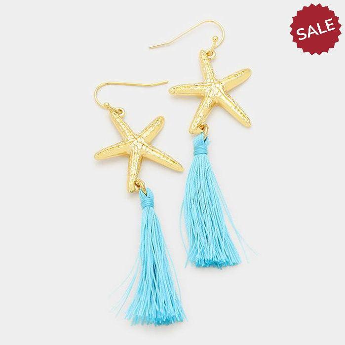 Turquoise Blue Tassel Starfish Earrings