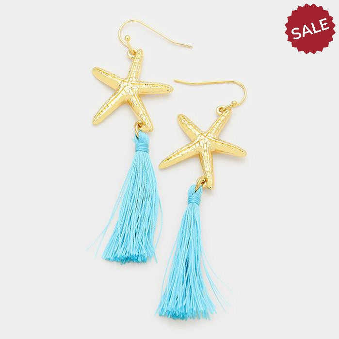 Turquoise Blue Tassel Starfish Earrings