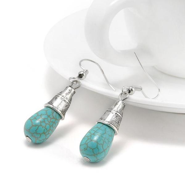Turquoise Blue Tibetan Silver Vintage Drop Dangle Earrings