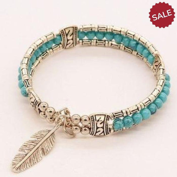 Turquoise Bohemian Feather Silver Bangle Bracelet