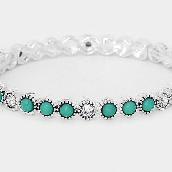 Turquoise Colored Stone & Crystal Antique Silver Stretch Bracelet