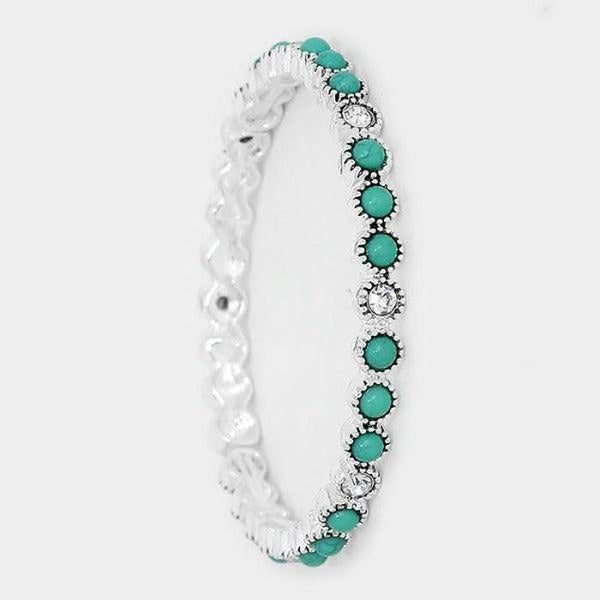 Turquoise Colored Stone & Crystal Antique Silver Stretch Bracelet