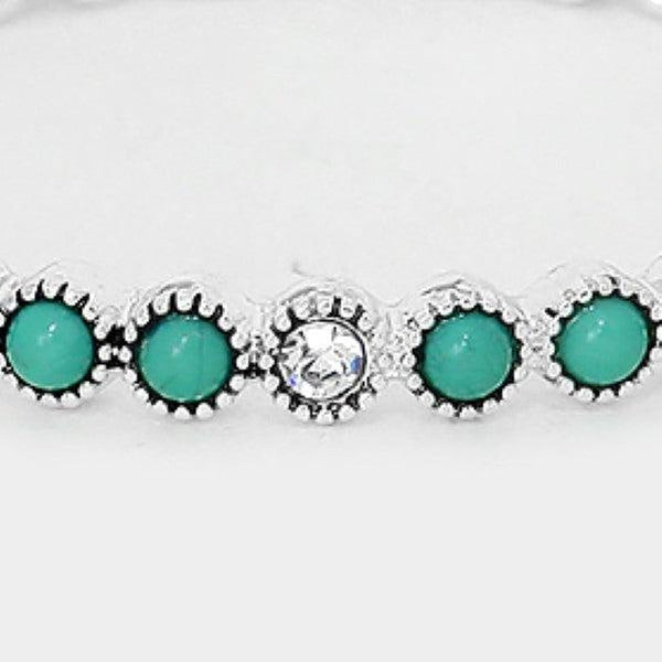 Turquoise Colored Stone & Crystal Antique Silver Stretch Bracelet