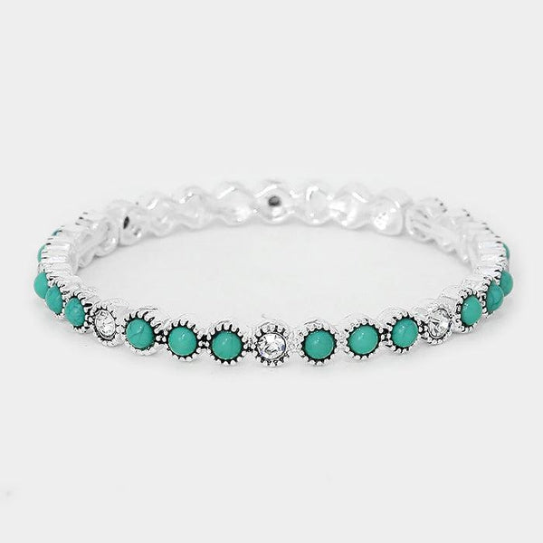 Turquoise Colored Stone & Crystal Antique Silver Stretch Bracelet