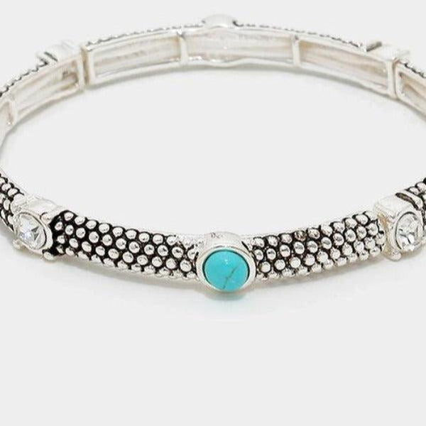 Turquoise Colored Stone & Crystal Embossed Silver Stretch Bracelet