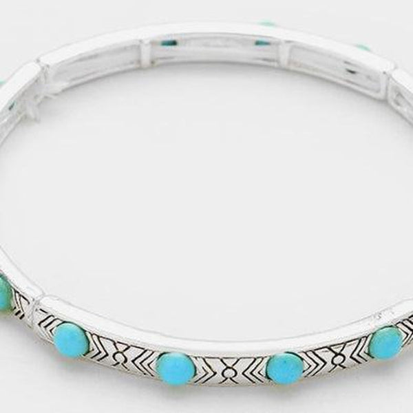 Turquoise Colored Stones Antique Silver Stretch Bracelet
