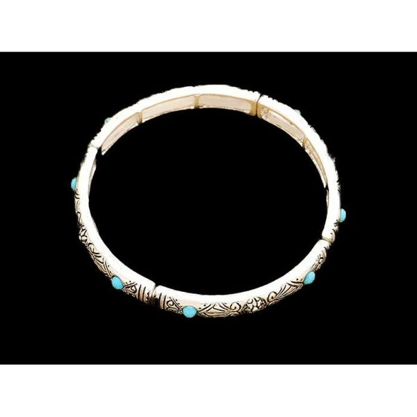 Turquoise Colored Stones Embossed Antique Silver Bracelet
