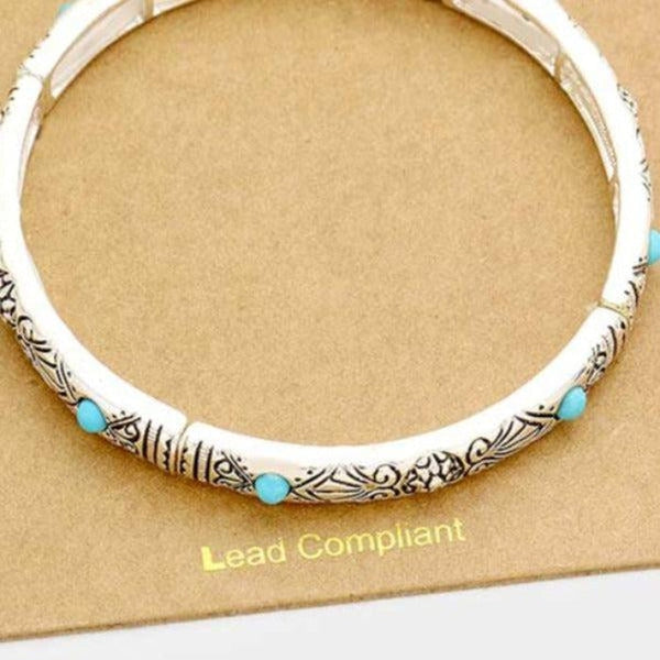 Turquoise Colored Stones Embossed Antique Silver Bracelet