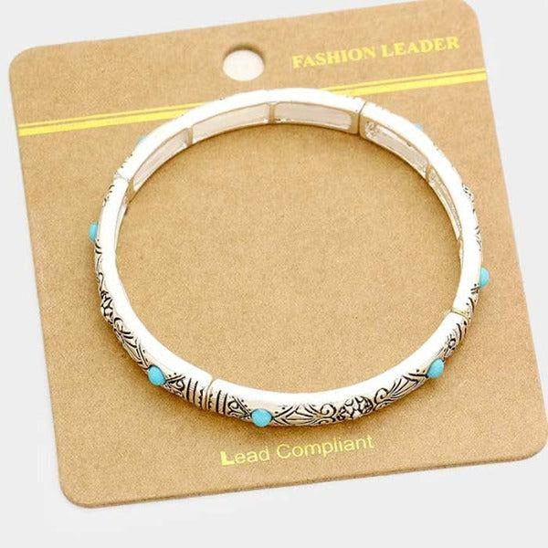 Turquoise Colored Stones Embossed Antique Silver Bracelet