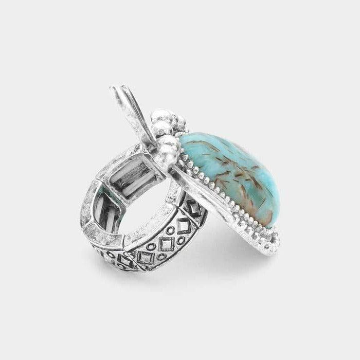 Turquoise Dragonfly Silver Stretch Ring