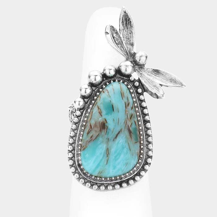 Turquoise Dragonfly Silver Stretch Ring