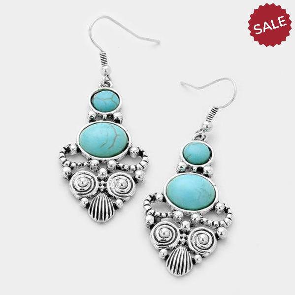 Turquoise (Faux) Ornate Antique Silver Earrings