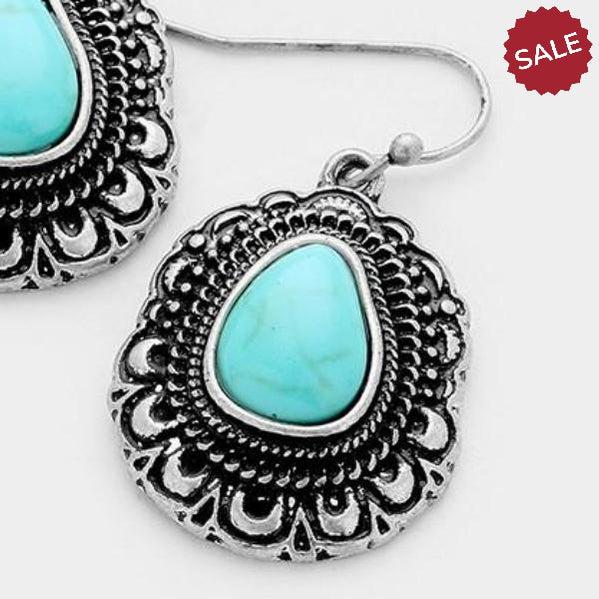 Turquoise (Faux) Pear Shaped Antique Silver Earrings