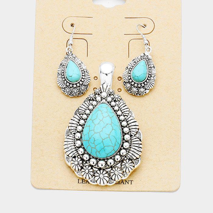 Turquoise (faux) Round Pendant Necklace & Earring Set-Pendant-SPARKLE ARMAND