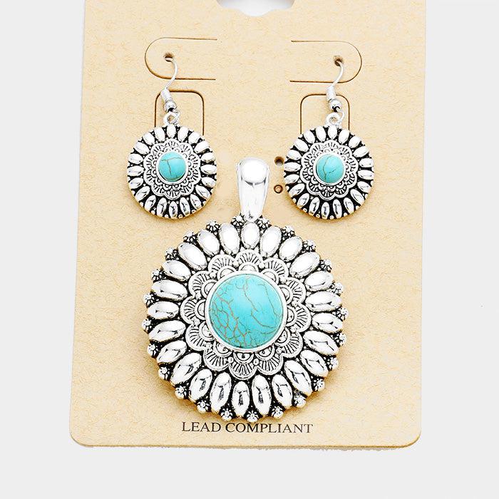 Turquoise (faux) Round Pendant Necklace & Earring Set-Pendant-SPARKLE ARMAND