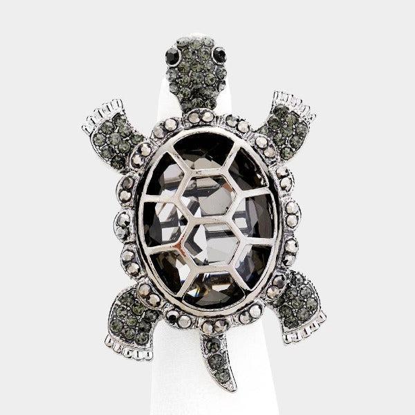 Turtle Black Crystal Rhinestone Pave Stretch Ring-Ring-SPARKLE ARMAND