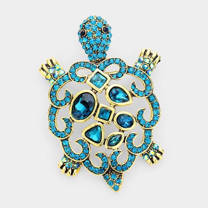 Turtle Blue Crystal Rhinestone Brooch / Pendant-Brooch-SPARKLE ARMAND
