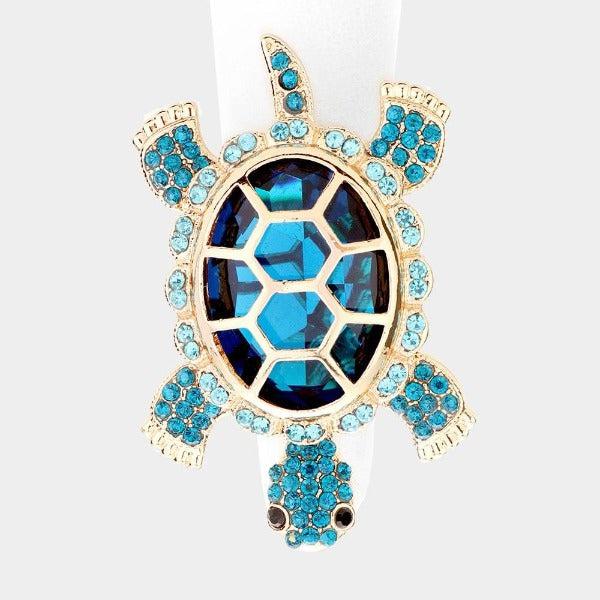 Turtle Blue Crystal Rhinestone Pave Stretch Ring-Ring-SPARKLE ARMAND