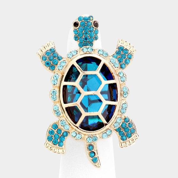 Turtle Blue Crystal Rhinestone Pave Stretch Ring-Ring-SPARKLE ARMAND