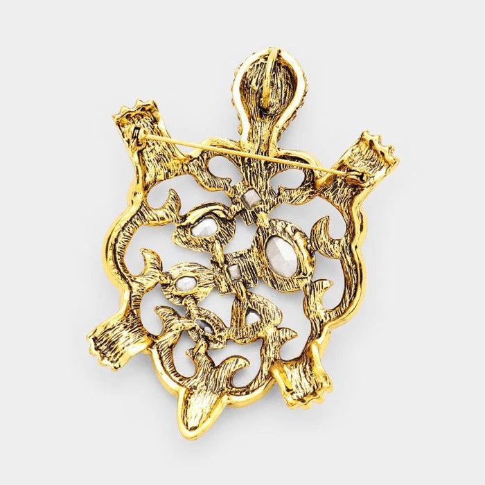Turtle Lt. Colored Topaz Crystal Rhinestone Brooch / Pendant