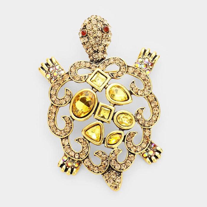 Turtle Lt. Colored Topaz Crystal Rhinestone Brooch / Pendant