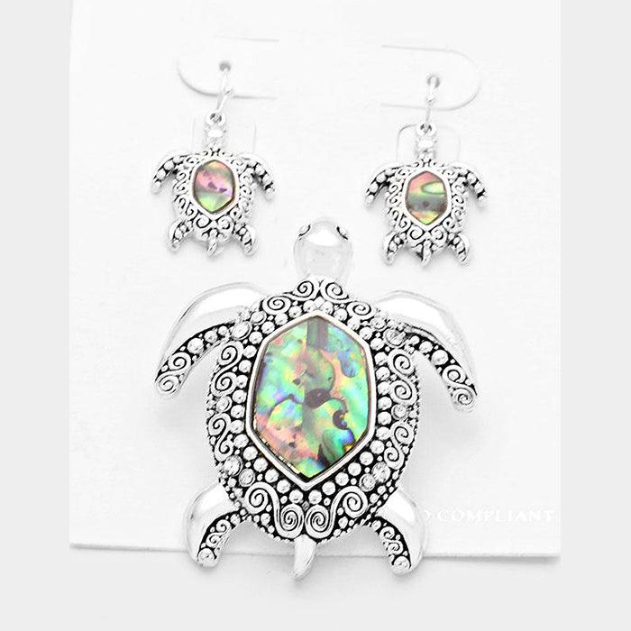 Turtle Spiral Abalone Silver Pendant Set