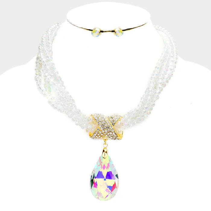 Twisted Beaded Abalone Crystal Teardrop Ornate Necklace Set