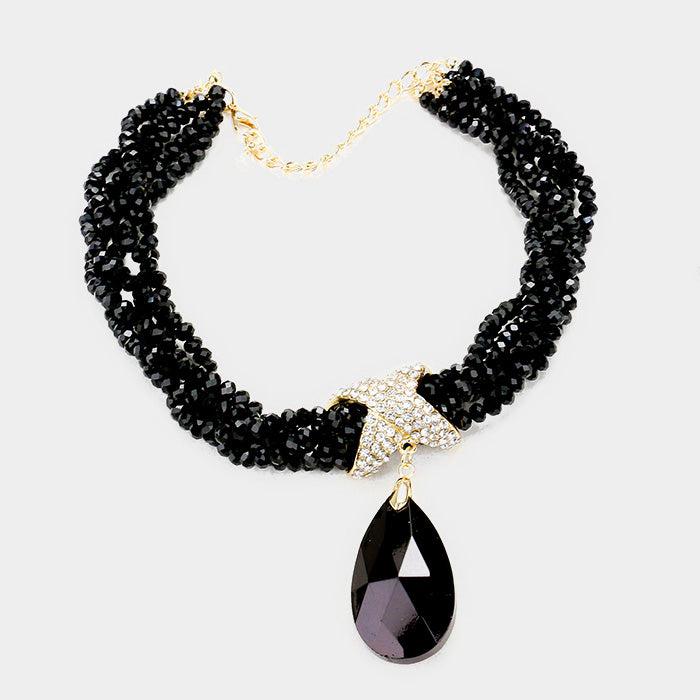 Twisted Beaded Black Crystal Teardrop Ornate Necklace Set