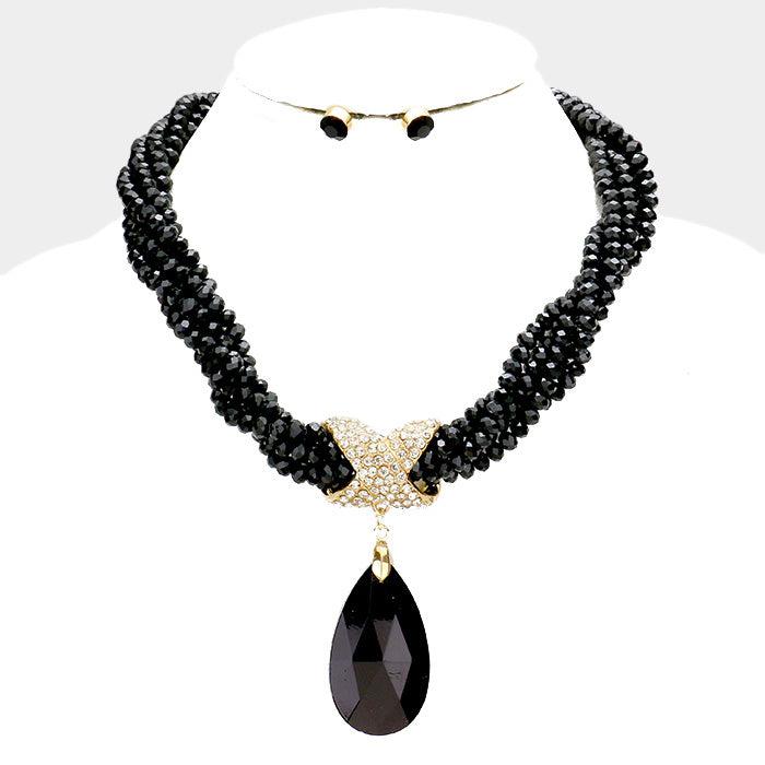 Twisted Beaded Black Crystal Teardrop Ornate Necklace Set