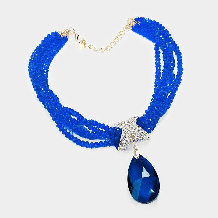 Twisted Beaded Blue Crystal Teardrop Ornate Necklace Set