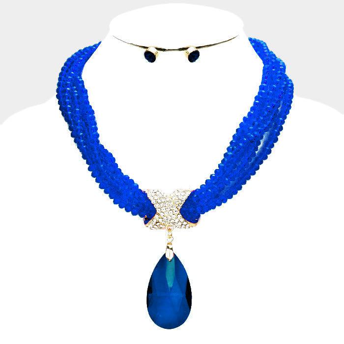 Twisted Beaded Blue Crystal Teardrop Ornate Necklace Set