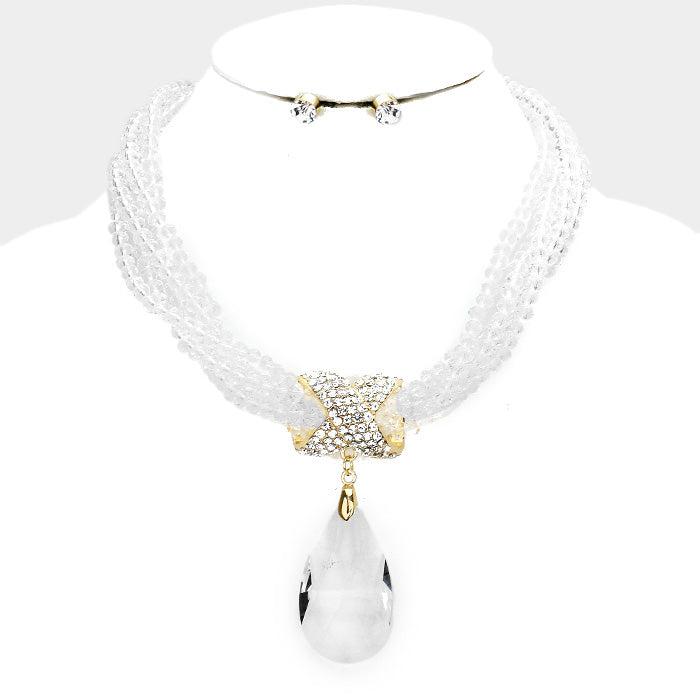 Twisted Beaded Clear Crystal Teardrop Ornate Necklace Set