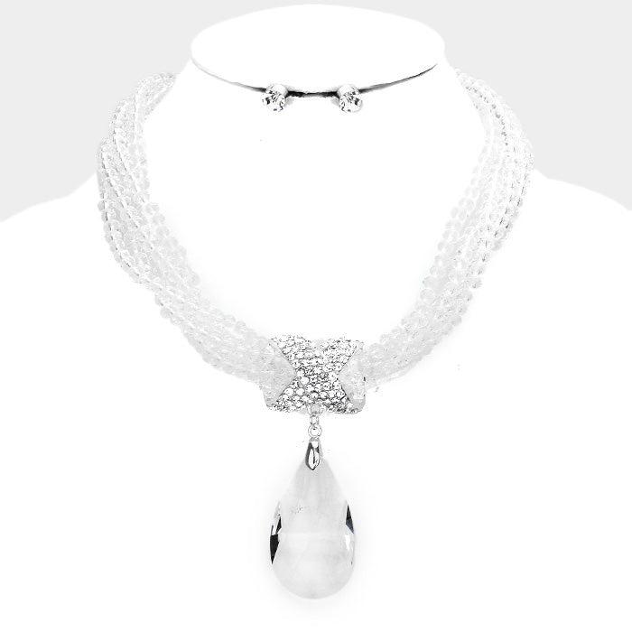 Twisted Beaded Clear Crystal Teardrop Necklace Set